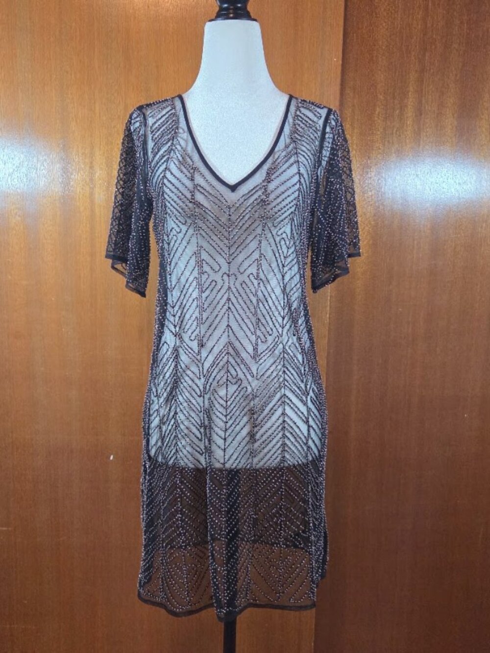 Ella Moss Black Metallic Beaded Chevron Mesh Shift Dress - Size XS